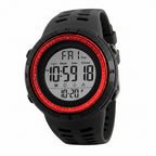 Black digital watch with red accents on a white background