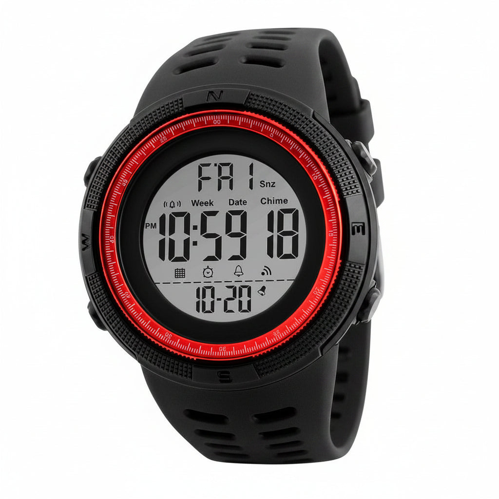 Black digital watch with red accents on a white background