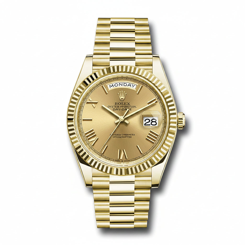 Gold wristwatch with a detailed face on a white background