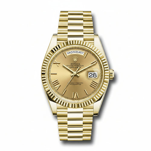 Gold wristwatch with a detailed face on a white background