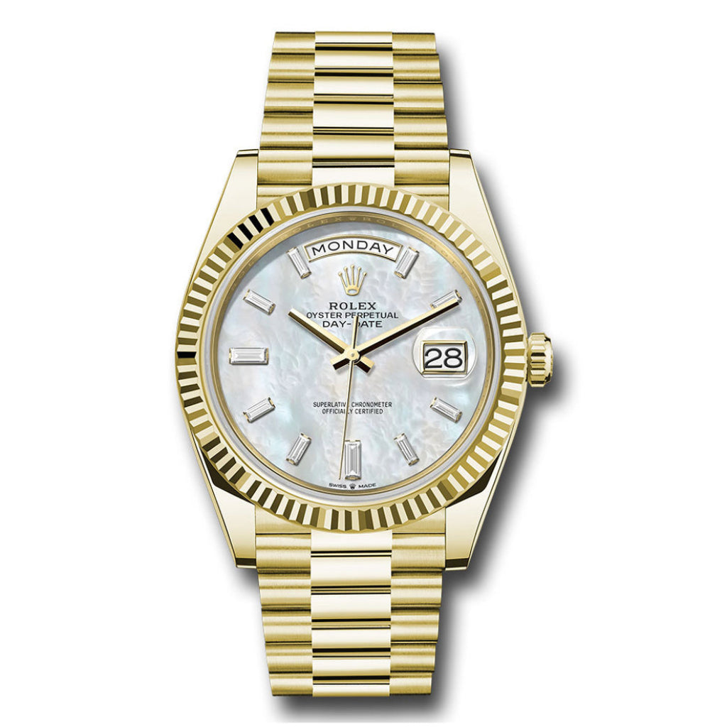 Gold wristwatch with a white face on a white background