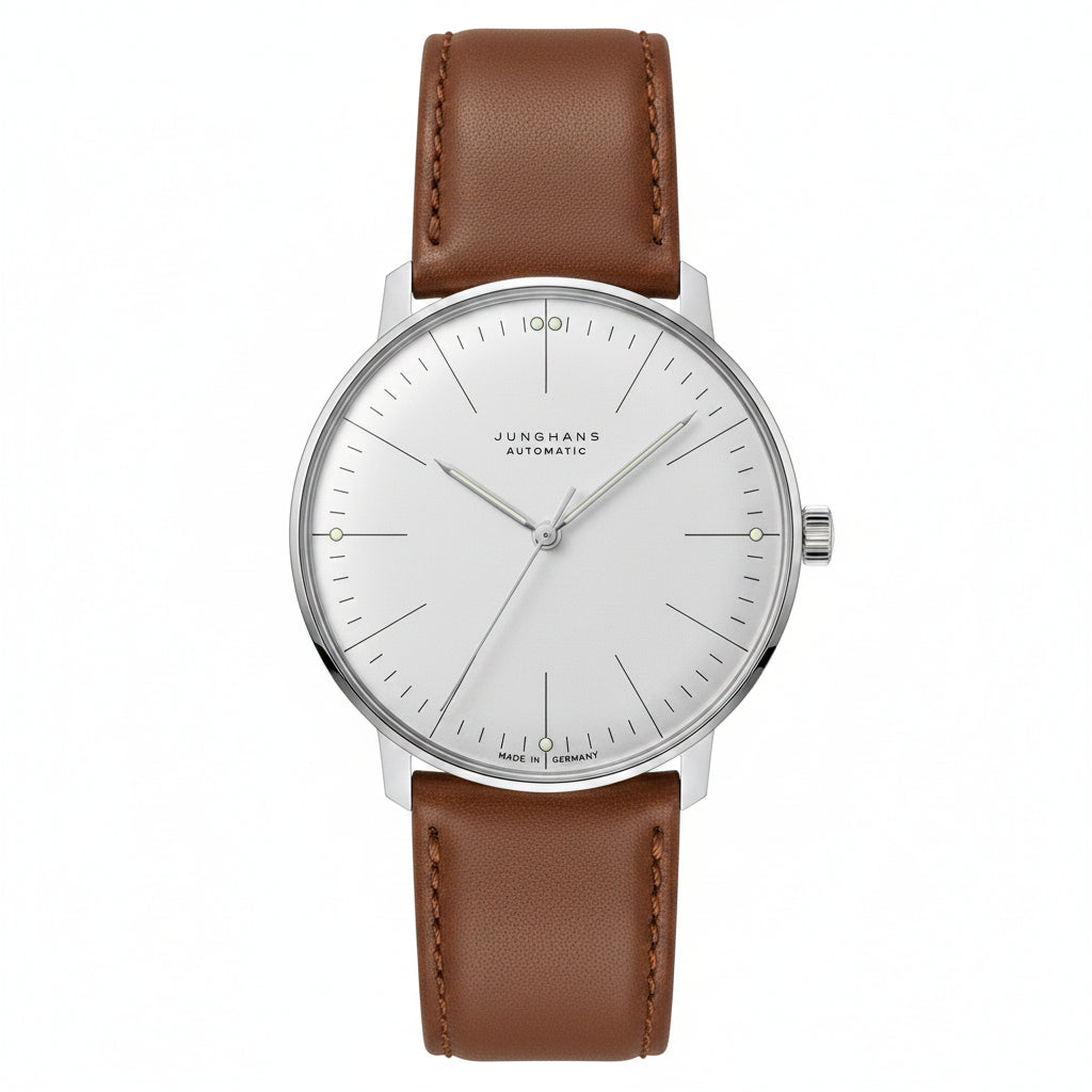 Watch with black leather strap and silver case on a white background