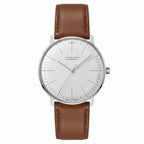Watch with black leather strap and silver case on a white background
