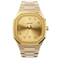 Gold wristwatch with a white background