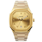 Gold wristwatch with a white background