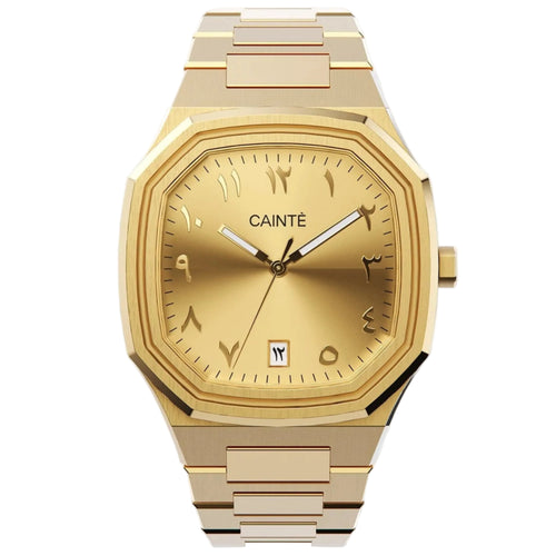 Gold wristwatch with a white background