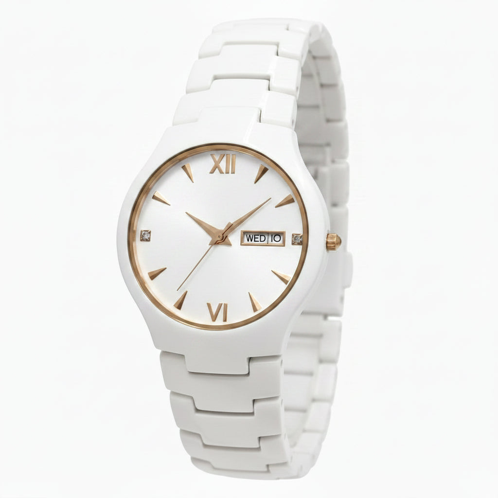Black wristwatch with gold accents on a white background