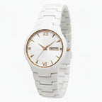 Black wristwatch with gold accents on a white background