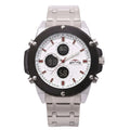 Marzlouner watch with silver strap and white face on a white background