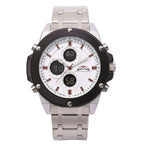 Marzlouner watch with silver strap and white face on a white background