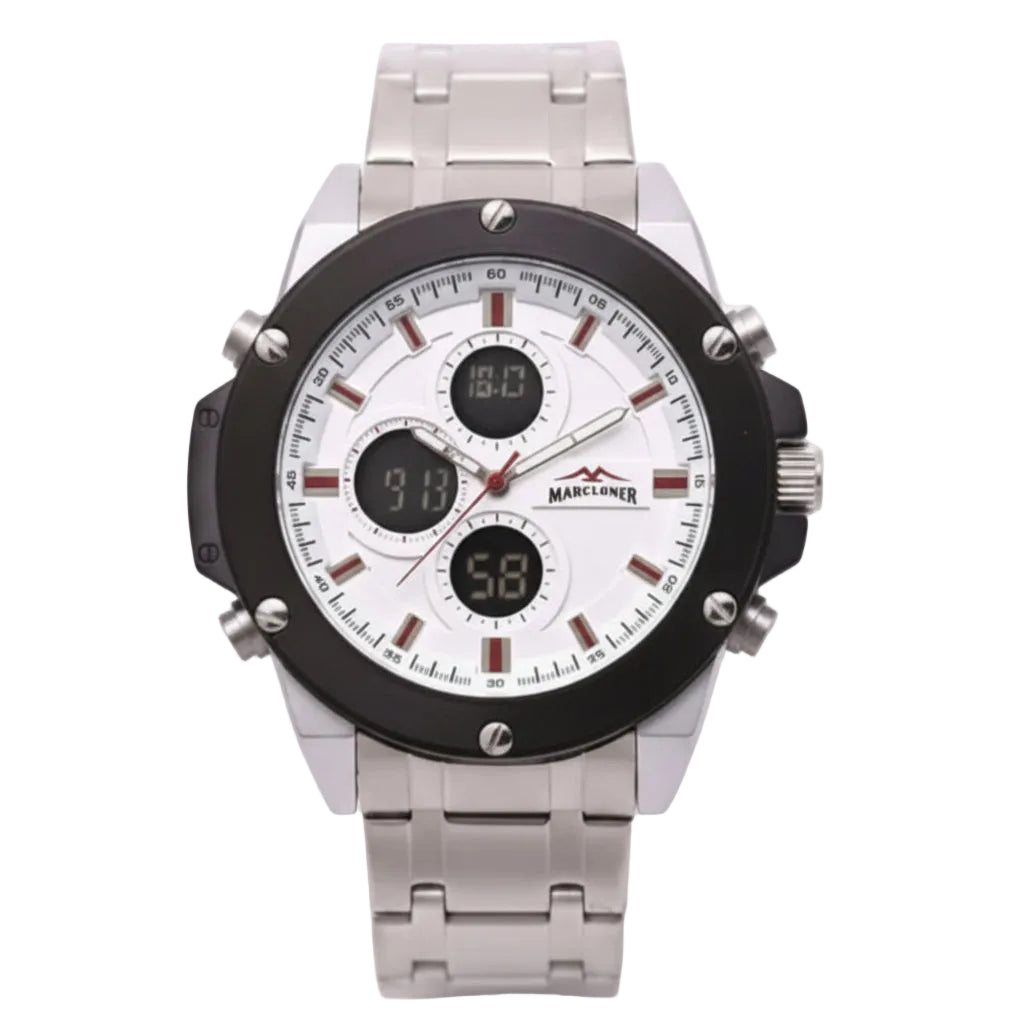Marzlouner watch with silver strap and white face on a white background