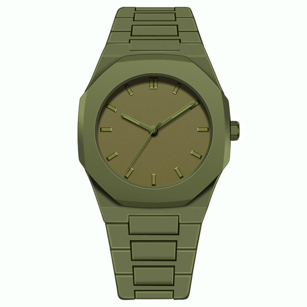 Green watch with a metal band on a white background