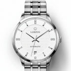 Silver watch with black dial on a white background