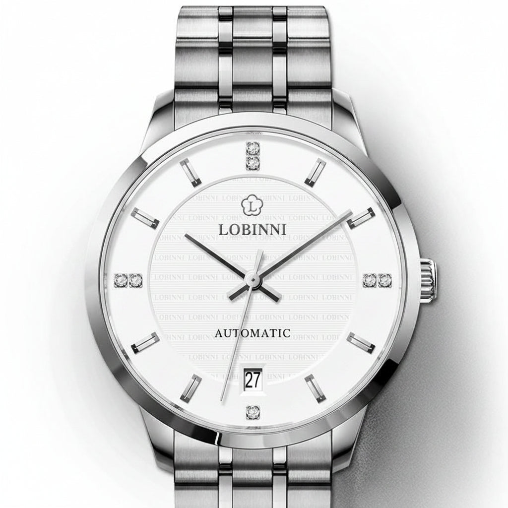 Silver watch with black dial on a white background