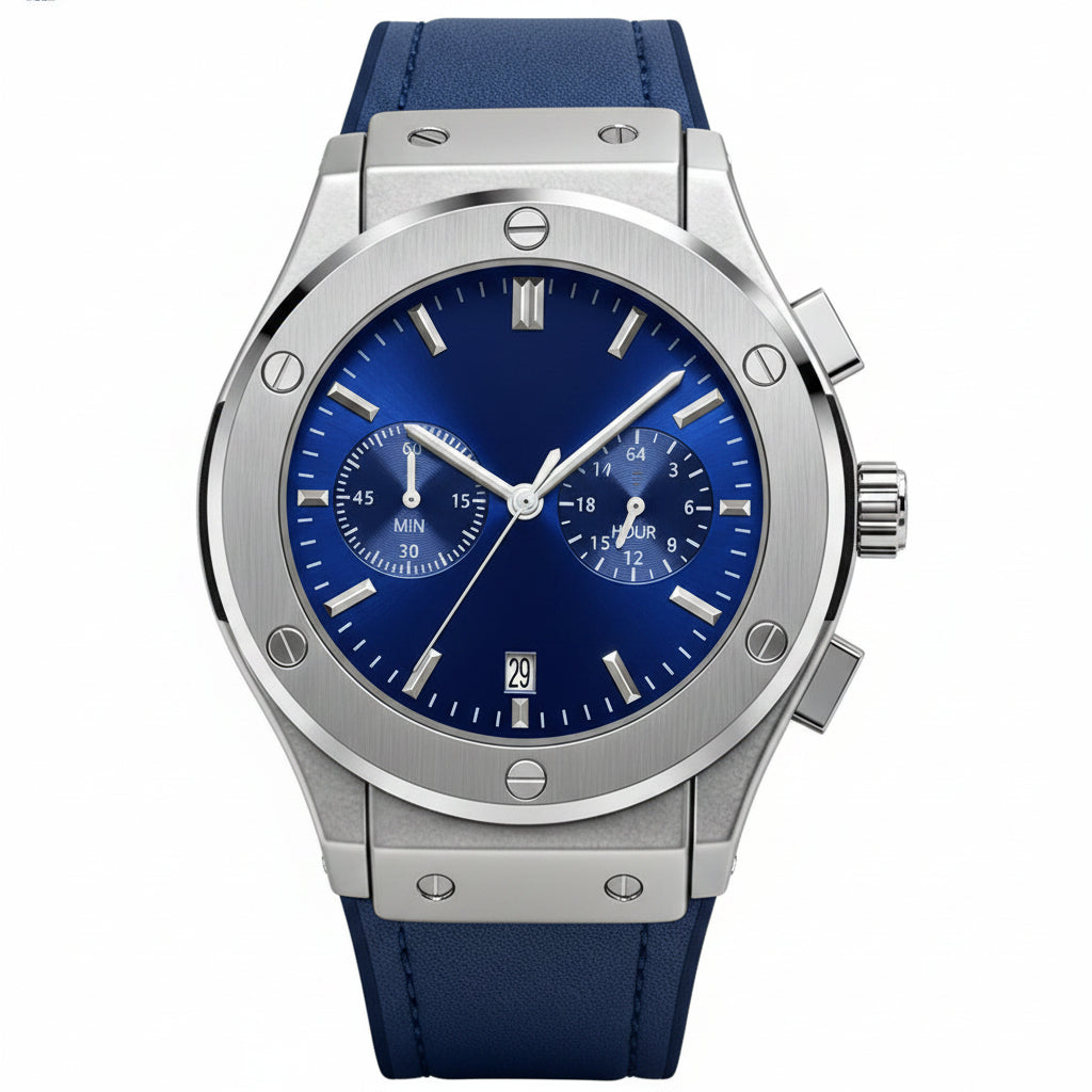 Luxury watch with blue strap and blue dial on a white background