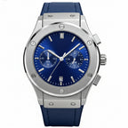 Luxury watch with blue strap and blue dial on a white background