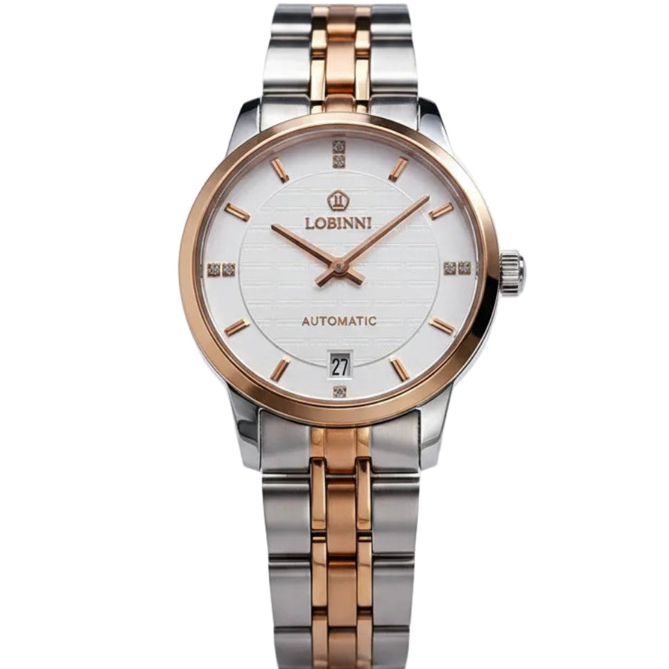 Luxury watch with rose gold and silver band on a white surface