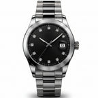 A stainless steel men's watch with a black dial and crystal hour markers, shown in a main front view and three smaller detail views highlighting the face, side profile, and skeletonized movement.