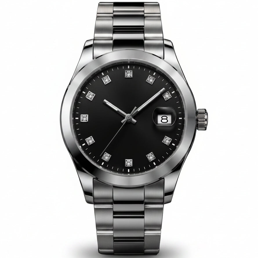 A stainless steel men's watch with a black dial and crystal hour markers, shown in a main front view and three smaller detail views highlighting the face, side profile, and skeletonized movement.