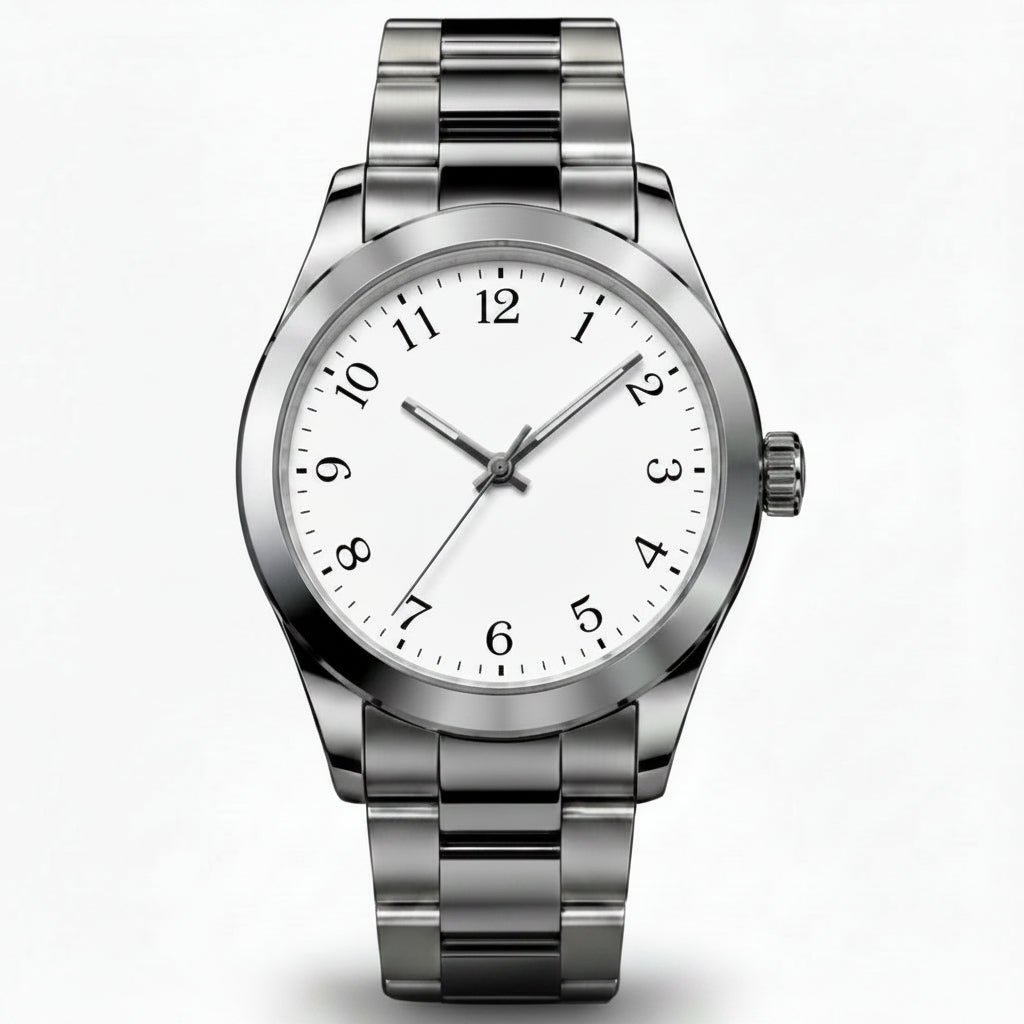 A stainless steel men's watch with a black dial and crystal hour markers, shown in a main front view and three smaller detail views on a dark background. The detail views show the watch face from the back, a side profile, and an open back revealing a skeletonized movement.