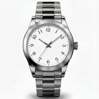 A stainless steel men's watch with a black dial and crystal hour markers, shown in a main front view and three smaller detail views on a dark background. The detail views show the watch face from the back, a side profile, and an open back revealing a skeletonized movement.