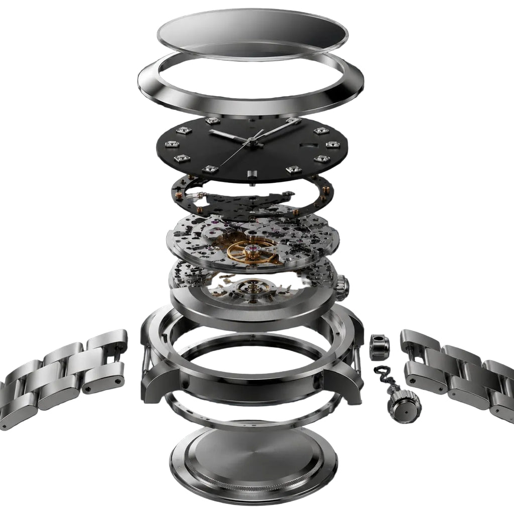 An exploded view of a stainless steel watch, showing the separate components such as the bracelet, case, dial, gears, and movement mechanism arranged vertically against a dark gray background.