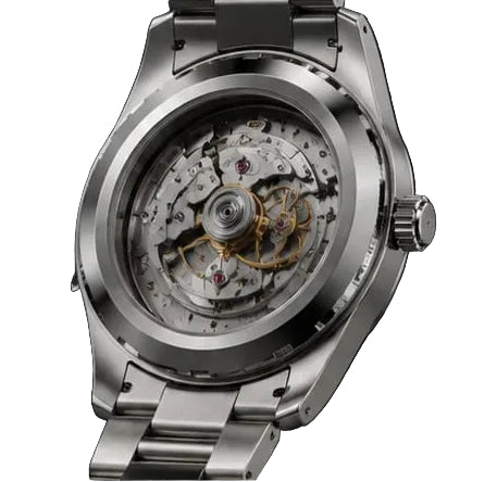 A stainless steel men's watch with a black dial and crystal hour markers, shown in a main front view and three smaller detail views highlighting the face, side profile, and skeletonized movement.